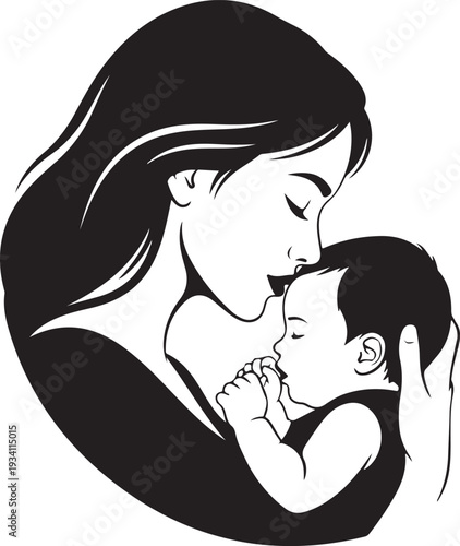 Mother Kissing Baby Line Art. Tender Love Illustration for Mothers Day