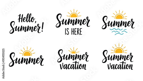 set of six summer themed typography designs with sun icons and waves expressing various vacation and holiday vibes.