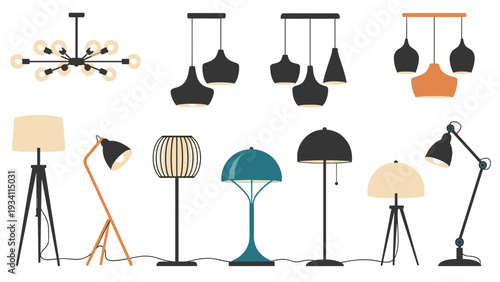 assortment of modern interior lighting fixtures including pendant lamps floor lamps and adjustable desk lights.