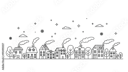 black and white line art illustration showing a cozy row of houses with smoking chimneys under a starry winter sky.