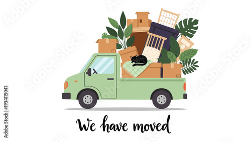 green moving truck filled with cardboard boxes furniture and a black cat with the text saying we have moved.