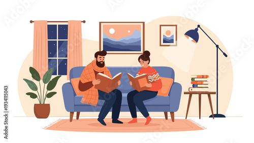 cozy evening scene of a couple sitting on a blue sofa in their living room while reading books by a floor lamp.