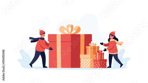 happy children in winter clothes standing next to a giant red gift box and several other smaller wrapped presents.