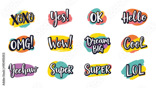 set of twelve colorful and expressive comic style stickers with slang words like wow omg xoxo super and dream big.