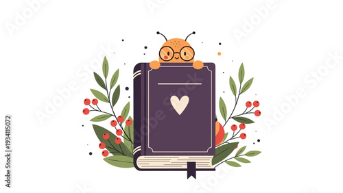 adorable bookworm wearing glasses peeking from behind a large purple book decorated with a white heart and leaves.