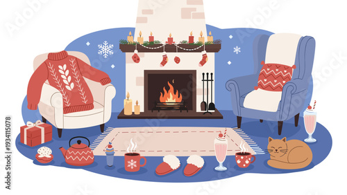 warm winter interior scene featuring a fireplace armchairs hot drinks a cat and cozy items like slippers and rugs.
