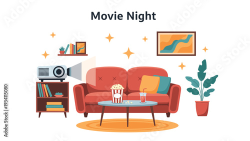 home cinema setup with a movie projector shining on a wall above a red sofa with popcorn and a drink on a table.