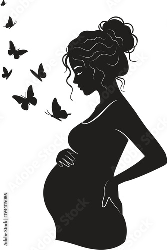 Pregnant Woman Silhouette. Butterfly Transformation Illustration. Mothers Day Design Element