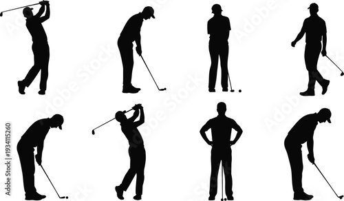 Golf player silhouettes set performing swing and putting isolated on light background, professional golfer action collection for sport design, tournament, training, and recreation concept