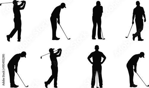 Golfer silhouette set with various swing and putting poses, male golf player collection isolated on white background for sport and recreation design