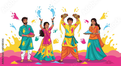 Vibrant Holi Festival Celebration Illustration with Happy Indian People Playing with Colors and Water. Traditional Indian Cultural Event.