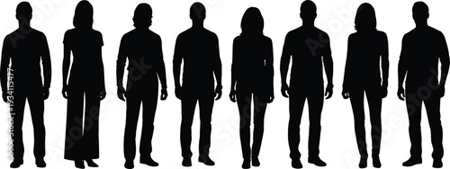 Group of men and women standing silhouettes, diverse people collection isolated on white background, black human figures set for community and teamwork concepts