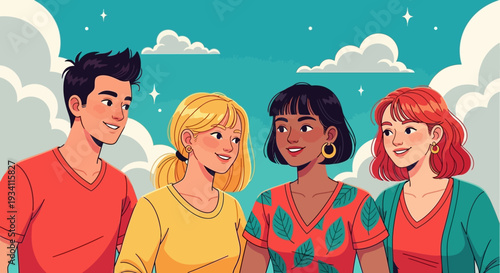 Happy Diverse Group of Young Friends Smiling Together Outdoors Under Blue Sky Illustration