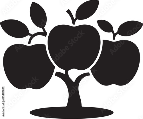 Black silhouette of tree with three apples fruit