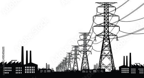 High voltage power transmission towers and industrial factory skyline silhouette, electricity pylons and cables stretching into distance, black vector illustration isolated on white background