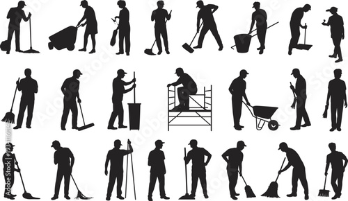 Cleaning worker and janitor silhouette set with broom mop bucket and wheelbarrow, professional maintenance service vector illustration isolated on white background