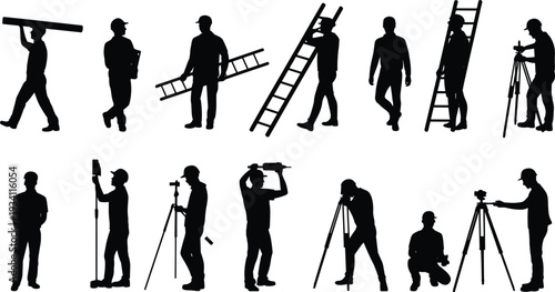 Construction engineer and land surveyor silhouettes set, workers carrying ladder and using tripod instruments, civil engineering workforce vector illustration isolated on white background
