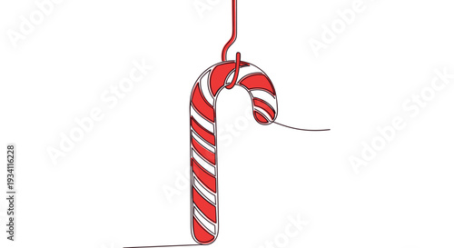 Sweet candy cane on a fishing hook, depicted in a continuous line style with festive red and white stripes, perfect for holiday promotions, winter celebrations, or tempting seasonal