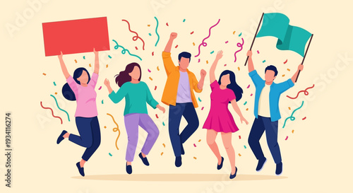 Diverse Group Celebrating Success with Confetti, Holding Sign & Flag. Joyful Team Victory & Community Advocacy.