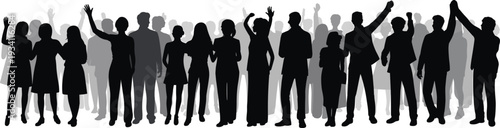 Celebrating crowd silhouette collection, diverse people with raised hands isolated on white background for event concept