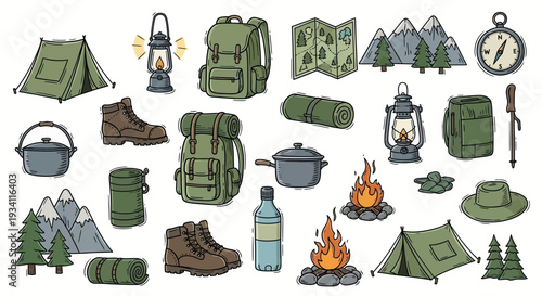 A comprehensive collection of camping and hiking equipment including tents, lanterns, backpacks, maps, compass, campfires, boots, and mountains, perfect for outdoor adventure themed