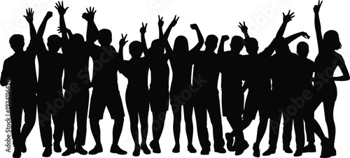 Cheering crowd silhouette group, excited people celebrating with raised hands isolated on white background for event concept