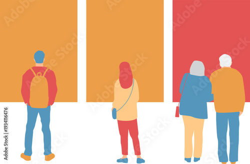 A group of people of various ages looking paintings in an art exhibition. Isolated vector image. Transparent background