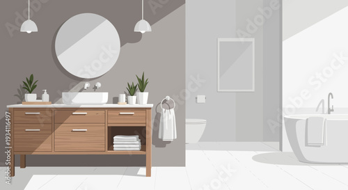 Modern bathroom interior with wooden vanity, round mirror, and freestanding tub, viewed from the entrance doorway.