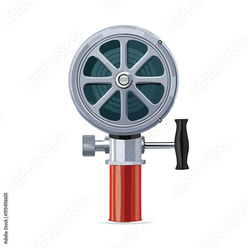 Metallic reel with a black handle against white background