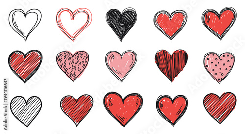 A charming collection of handdrawn scribble hearts in various red, pink, and black colors, ideal for expressing love and affection in romantic projects, Valentines Day designs, or wedding