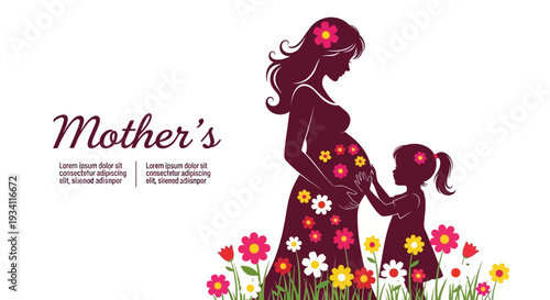 Pregnant Mother and Child Silhouette with Floral Design - Motherhood and Family Love