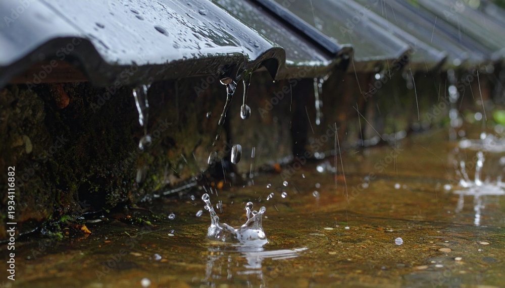 Naklejka premium Rainwater dripping from rustic roof edge splashing on flooded ground during heavy rain