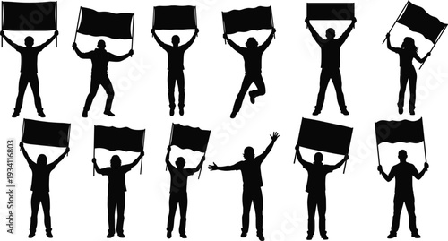 Protesters holding blank banners and flags silhouettes, group of people demonstrating with empty signs isolated on white background for activism and protest concepts