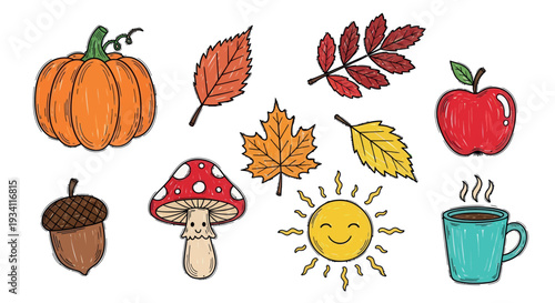 Discover a delightful assortment of essential autumn elements depicting a cheerful pumpkin, a variety of colorful fall leaves, a crisp red apple, a charming acorn, a whimsical smiling