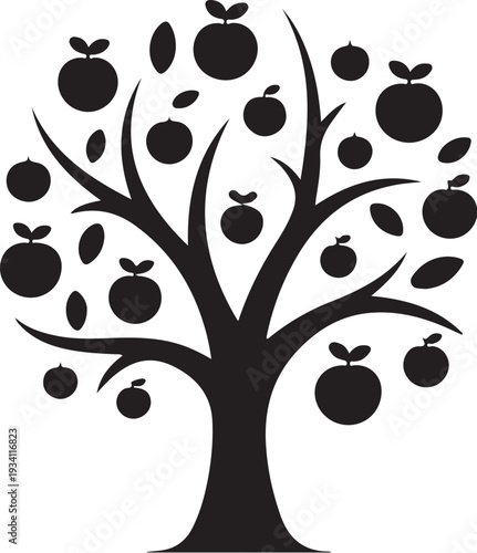 Black silhouette tree with apples and leaves apple tree