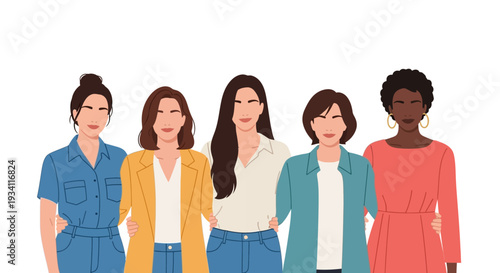 Diverse Women United: Group of Empowered Females, Friendship & Community. Flat Vector Illustration.