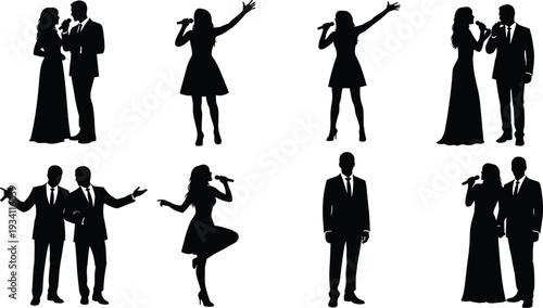 Singer silhouettes illustration, people performing with microphones, expressive stage figures, duet and solo performers, vector design, black icons