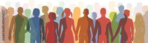 Colorful diverse people silhouette background, multicultural community crowd representing inclusion, unity and social diversity concept