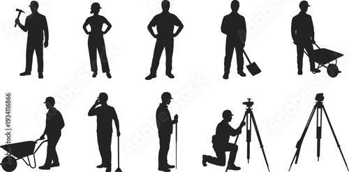 Construction worker and surveyor silhouettes set with tools wheelbarrow and tripod, industrial labor vector illustration isolated on white background for engineering concept