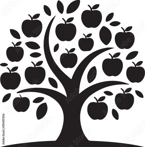 Black silhouette tree with apples and leaves on white background