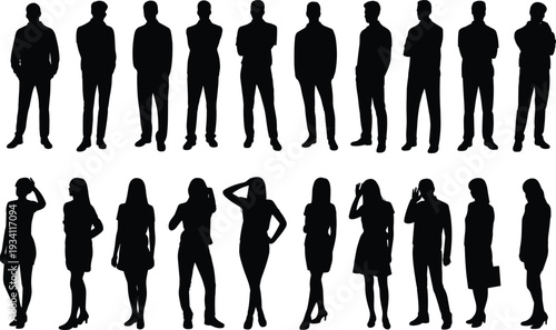 Corporate business people silhouette set, professional men and women standing in stylish formal poses isolated on white background
