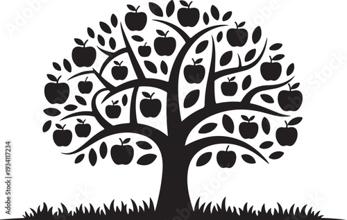 Black silhouette tree with apples and leaves on white background