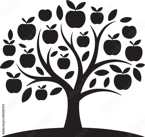 Black silhouette tree with apples and leaves on white background