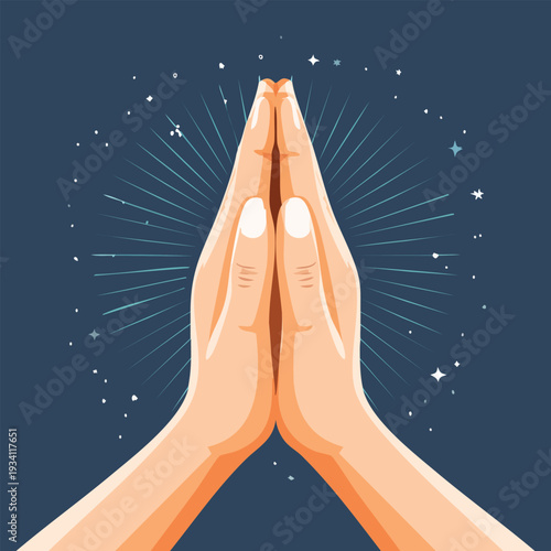 Hands in prayer with radiant starburst effect on navy background