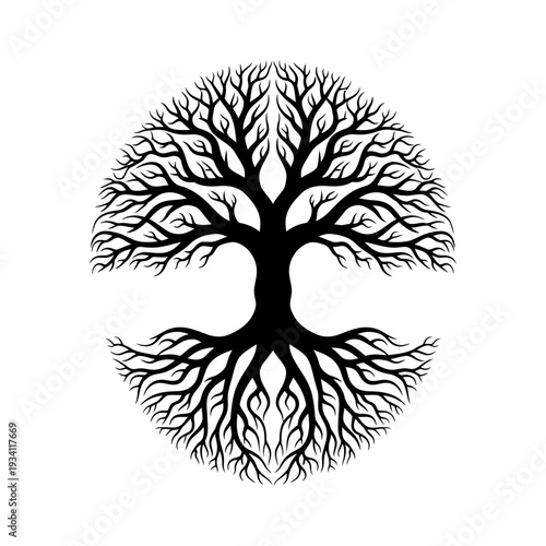 Black and white tree silhouette vector illustration with branches and roots