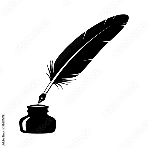 Feather quill pen with inkwell illustration