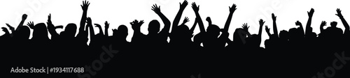 Excited cheering crowd silhouette, large group of people with raised hands isolated on white background