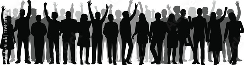 Excited crowd silhouette background, diverse people celebrating with raised hands isolated on white background