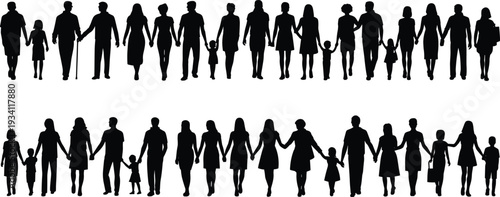 Family holding hands silhouette collection, parents and children walking together isolated on white background for unity concept
