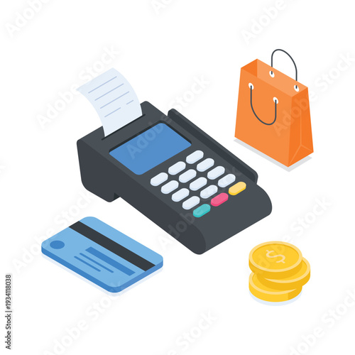 Modern isometric illustration of the pos terminal payment system